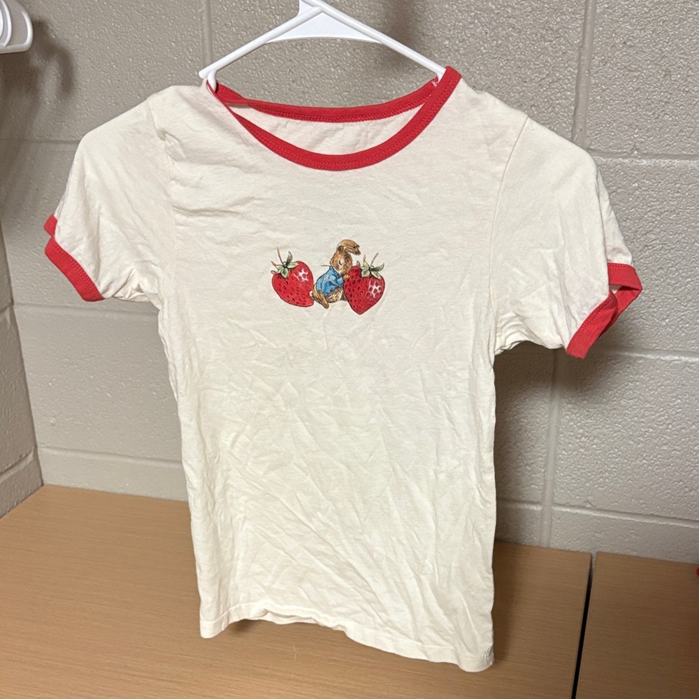 Junior’s Cream and Red T-Shirt with Strawberry Design